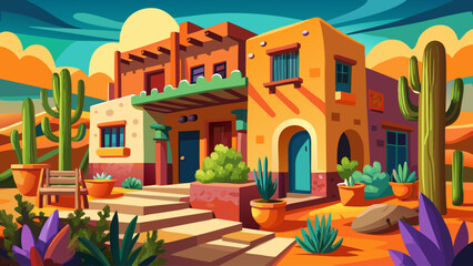 A colorful adobe house in Santa Fe, New Mexico, USA, with rounded corners, wooden beams, and a cactus garden in front. Earthy tones highlight the Native American and Spanish influences