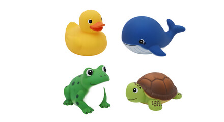 Fototapeta premium Four colorful rubber bath toys isolated on white background, including duck, whale, frog, and turtle