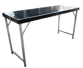 Simple black rectangular table with silver metal legs isolated on transparent background