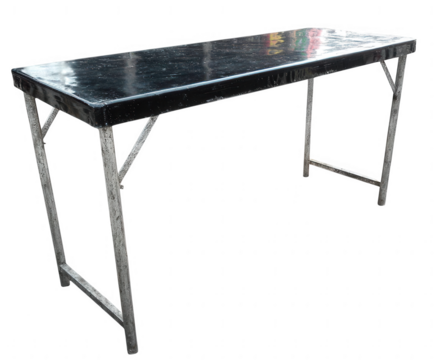 Simple black rectangular table with silver metal legs isolated on transparent background