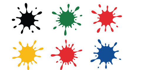 Six colorful paint splatters arranged in two rows on a white background illustration design art