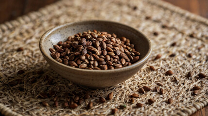 Brown Seeds in a Speckled Ceramic Bowl