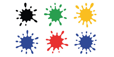 Six colorful paint splatters arranged in two rows on a white background in a vector graphic style