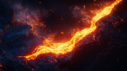 A vibrant river of lava flows through dark rocks. The heat radiates energy and power. Witness the raw forces of nature. Feel the heat and intensity of this scene. Generative AI
