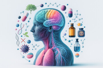 AI generated abstract biomedical illustration shows human body and brain with colorful internal systems and surrounded by symbols of health nature and medicine in clean futuristic style