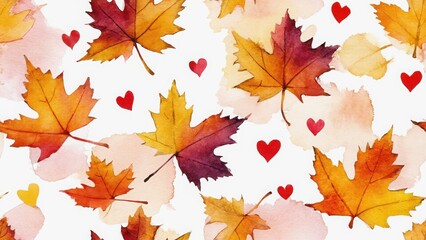 Fototapeta premium seamless watercolor autumn leaves and hearts pattern
