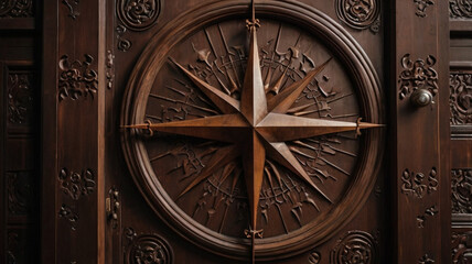 Dark Brown Wooden Door with Carved Compass Rose Design