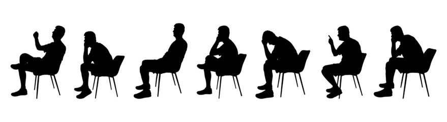 Set of silhouettes of man sitting on chair, side view. Vector illustration