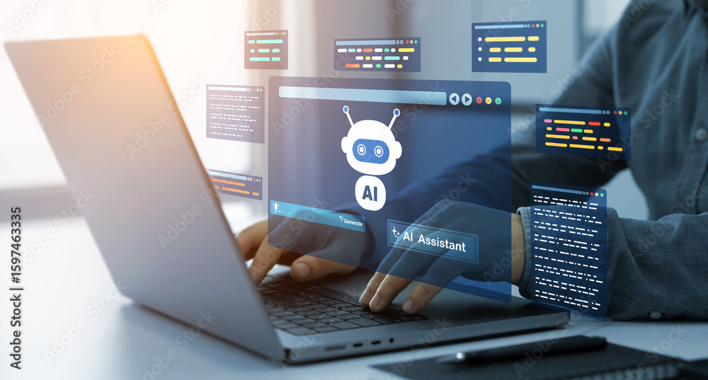 Poster virtual assistant, artificial intelligence bot and crm software automation technology. chatgpt chat 