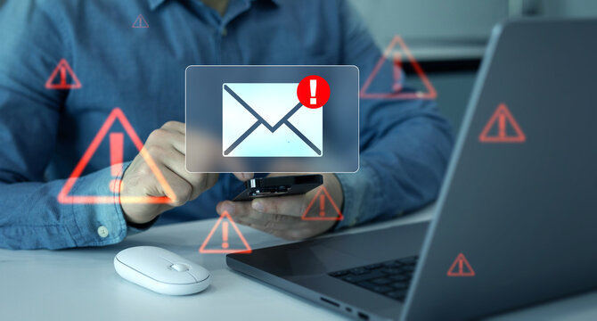 Email security and virus spam alert in email. Fake text email scam.Scammers online.Cyber scam. Spam email message on digital screen.