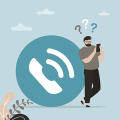 User man receive incoming call. Phone Call. Communication device. Male character standing near giant income symbol or button.
