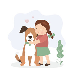 Happy girl hugging cute dog. Fulfilling the desires. Best friends forever. Adopt new friend from shelter. Friendship between human and pet. Cute child and doggy.