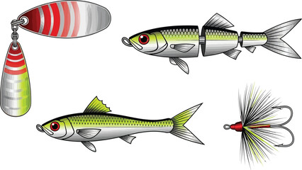 Fishing lures and bait collection for anglers and fishing enthusiasts vector illustration art