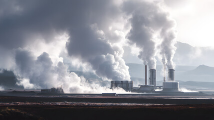 Obraz premium Dramatic Landscape: Industrial Power Plant Amidst Cloudy Skies, Environment Concerns