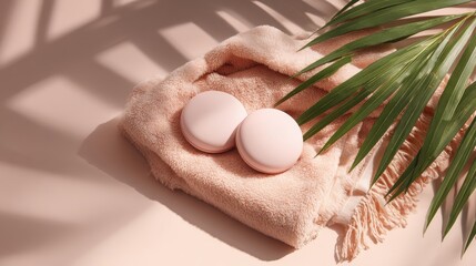 Beauty product still life composition: pink compact powders, folded fluffy towel, fresh palm leaves backdrop for cosmetic marketing, brand advertisement layout