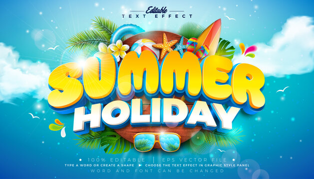Summer Holiday 3D Text Effect Design Editable and Scalable Vector Graphic Style Effect with Beach Elements and Tropical Palm Leaves on Blue Cloudy Sky Background. Premium Illustration Template for