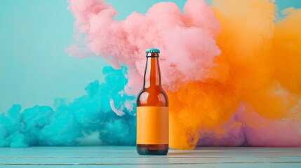 Medium shot of a stylized beer bottle with colorful smoke background  