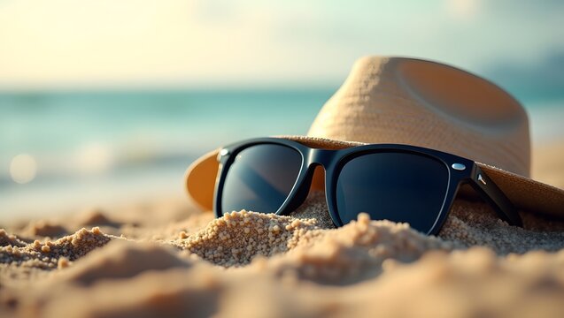 sunglass with a cap on the beach