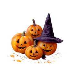 Vibrant Halloween Pumpkins with Funny Faces and a Purple Witch Hat on an Isolated Background