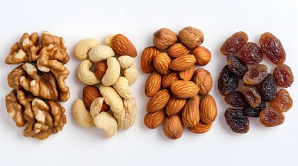 Various types of nuts and dried fruits arranged in a row on a white background