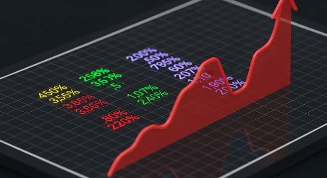 Concept of financial analysis and investment growth with a red arrow graph trending up on a digital data display. - Powered by Adobe