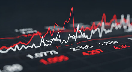 Financial stock market chart with fluctuating data on a digital screen. Concept of investment, trading, and global economic analysis.
