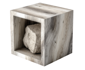 Rough stone inside a textured wooden cube isolated on transparent background