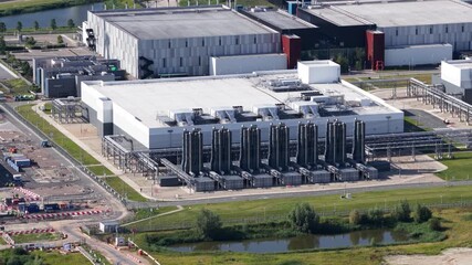 New build data center, Eemshaven, Groningen, The Netherlands. Aerial video - Powered by Adobe