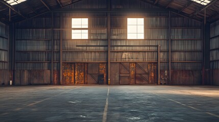 Empty industrial warehouse with rusted metal walls and large windows allowing natural sunlight to illuminate the space