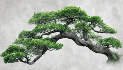 Green bonsai tree with textured gray background