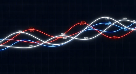 Digital line graph with colorful fluctuating waves representing data analysis, financial trends, and business statistics on a dark background.