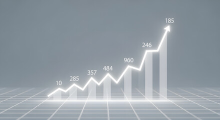 Abstract financial chart with a glowing ascending arrow and bar graph representing business growth, stock market trends, and data analytics