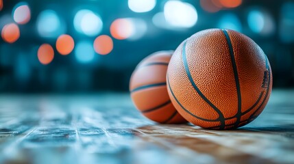 Close-up of two basketballs on a wooden court with colorful bokeh lights in the background, sports equipment for basketball game and recreation