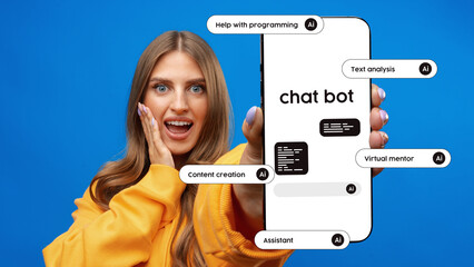 Excited user showcasing chatbot capabilities with smartphone against bright blue background