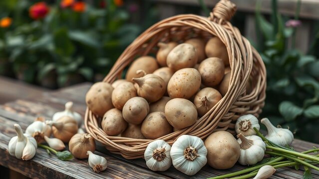 Verdure di fine estate ed autunno: cesto con patate ed aglio
