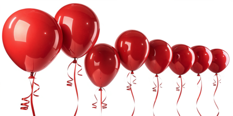 A row of vibrant red balloons floats against an isolated on transparent background, creating a festive and celebratory atmosphere
