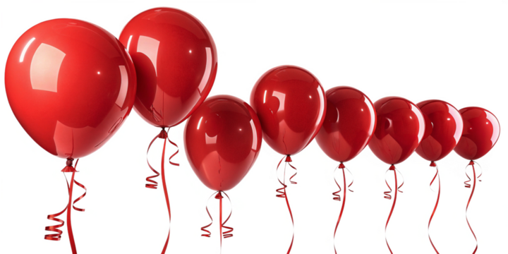 A row of vibrant red balloons floats against an isolated on transparent background, creating a festive and celebratory atmosphere