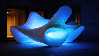 Abstract, luminous, sculpted form bathed in blue light
