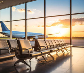 Fototapeta premium una sala de espera de un aeropuerto Modern vacía con sillas negras y un avion de pasajeros aparcado en la pista de despegue 