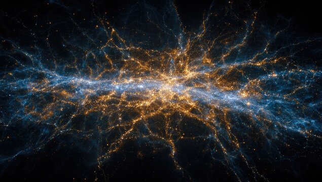 Abstract cosmic web, vibrant hues, intricate network