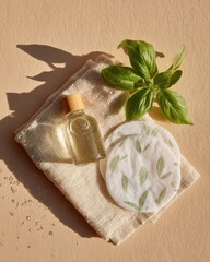 Organic skincare flat lay: herbal sheet masks, bamboo-cap lotion bottle with basil leaves on beige linen, golden hour social media marketing background

