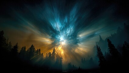 Mystical sunrise through a fog-shrouded forest