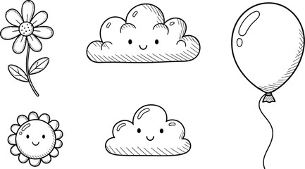 Fototapeta premium Cute flower cloud balloon drawing vector illustration for kids coloring page and decoration use