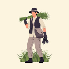 Gardener Carrying Green Seedlings, Hat, Gloves in Field