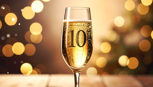 Glass of sparkling champagne with number 10 for 10th anniversary party