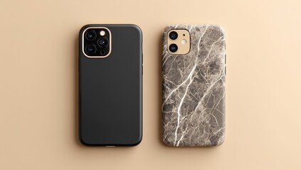 Two smartphones, one with a black case, the other with a marble design, lie on a beige surface