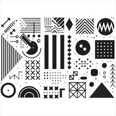 Abstract Geometric Composition Black and White Ink Drawing featuring Varied Shapes Lines and Patterns Creating a Visually Engaging Design