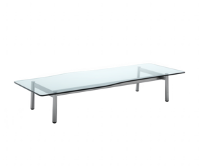 Modern rectangular glass coffee table with silver metal legs isolated on transparent background