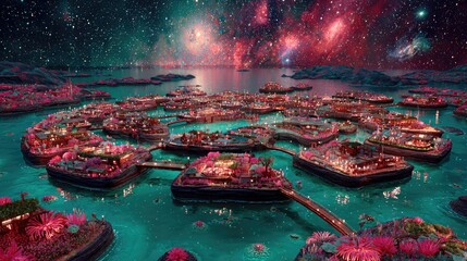 Floating City Among Stars With Vibrant Pink Flowers
