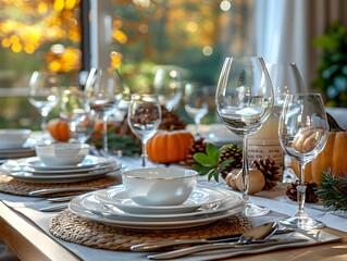 Fototapeta premium Chic Fall Table Setting with Pumpkins, Glassware, and Autumn Light